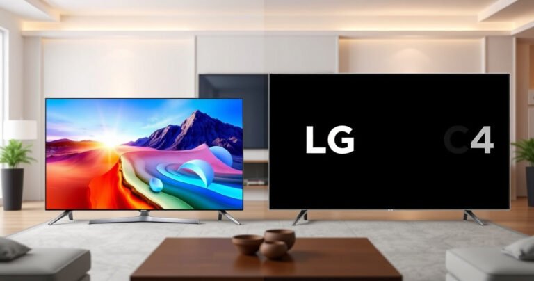 A split-screen comparison of two sleek OLED TVs, the Samsung S90H on the left displaying vibrant colors and dynamic scenes, while the LG C4 on the right showcases deep blacks and stunning contrast. A background of a modern living room setting, with soft ambient lighting highlighting both televisions' stunning design and features.