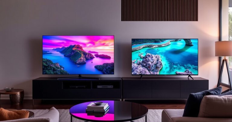 A sleek modern living room showcasing both the Samsung S90H and LG C5 OLED TVs side by side on a stylish media console, vibrant colors glowing from their screens displaying a breathtaking nature scene, with soft ambient lighting and plush furniture, creating an inviting atmosphere that highlights the cutting-edge technology and visual brilliance of each television.