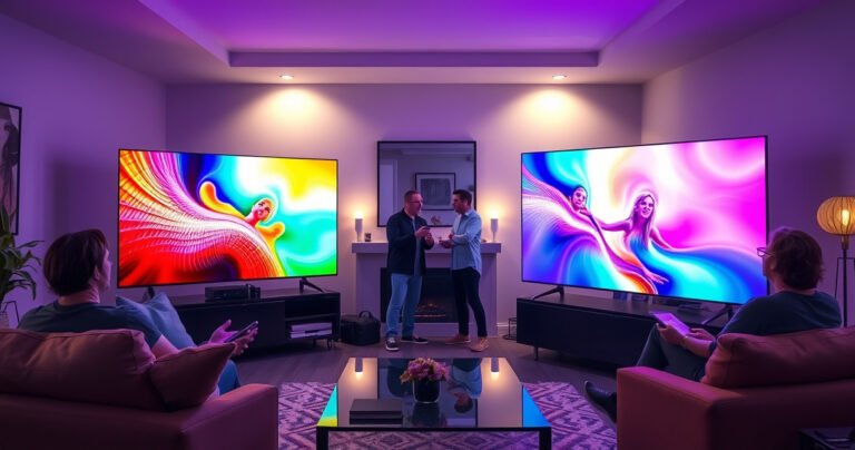 A sleek living room showcasing both the Samsung S90H and LG C6 OLED TVs side by side, vibrant colors glowing on their screens, with a cozy couch and modern decor. Soft ambient lighting highlights the contrast between the two, while tech enthusiasts debate passionately in the background, creating an atmosphere of excitement and innovation.