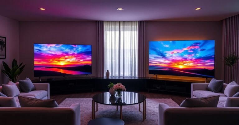 A sleek living room showcasing a vibrant Samsung S90H OLED TV on one side and an elegant LG G4 OLED TV on the other, both displaying stunning, colorful images of a sunset. Soft ambient lighting reflects off modern furniture, creating a cozy yet high-tech atmosphere, inviting viewers to compare their design and picture quality.