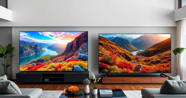 A dynamic split-screen showcasing the Samsung S90H and LG G5 OLED TVs in a modern living room, each displaying vibrant, contrasting visuals of a breathtaking nature scene. The Samsung exudes striking colors and clarity, while the LG boasts deep blacks and immersive details, with stylish decor uniting the two in a tech-savvy atmosphere.