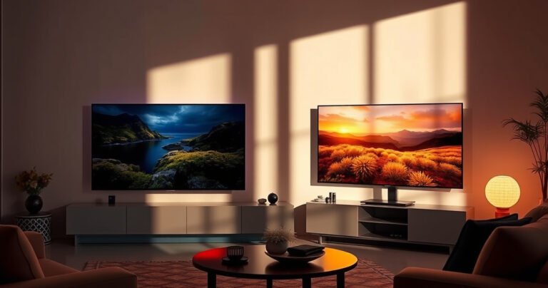 A sleek Samsung S90H and an elegant LG G6 OLED side by side, both glowing with vibrant colors in a modern living room. Soft shadows dance across the walls, highlighting the rich blacks and vivid hues of a stunning nature scene on the screens, while a cozy atmosphere invites viewers to immerse in cinematic bliss.