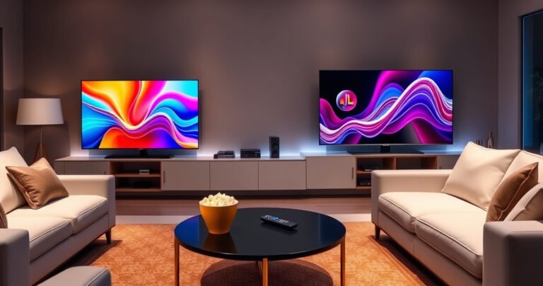 A sleek living room featuring both a Samsung S90H and an LG QNED90T smart TV, side by side, showcasing vibrant colors on their screens. Soft ambient lighting highlights modern furniture, while a stylish coffee table holds a remote and popcorn, creating an inviting atmosphere for movie night.
