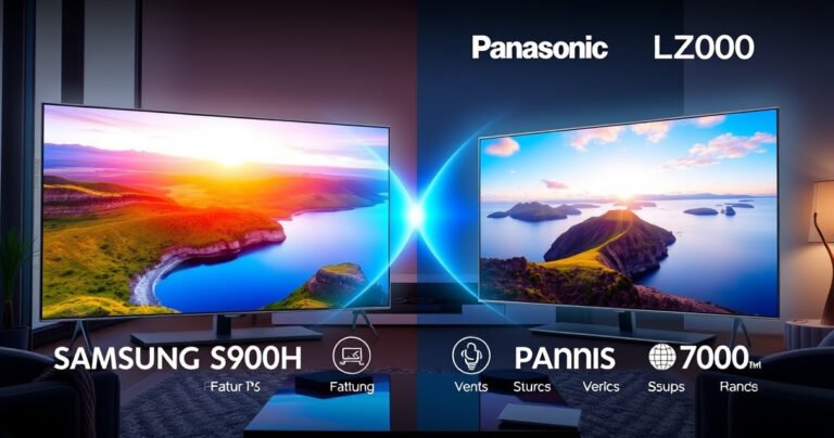 A dynamic split-screen comparison of the Samsung S90H and Panasonic LZ2000 televisions, showcasing vibrant colors and sharp details of a scenic landscape, with sleek modern designs highlighted. Each TV displays stunning visuals, while a subtle glow emphasizes their unique features, accompanied by icons illustrating key differences. The background is a stylish living room setting that enhances the tech vibe.