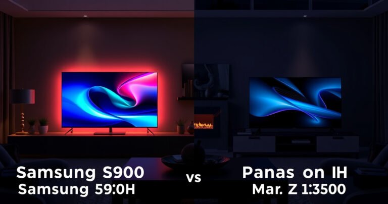 A split-screen image showcasing a sleek Samsung S90H television on one side, glowing with vibrant colors, next to a Panasonic MZ1500, displaying deep contrasts, both set in a modern living room with dim lighting, surrounded by stylish furniture, highlighting their distinct designs and features, with an overlay of glowing comparison points.