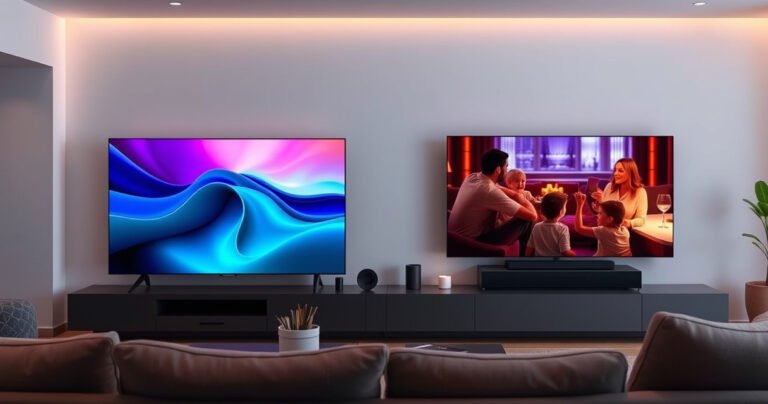 A sleek living room showcasing two stunning televisions side by side: the Samsung S90H with vibrant colors and sharp details on the left, and the Panasonic MZ2000 exuding a warm, cinematic glow on the right. Soft, ambient lighting enhances the modern decor, while a subtle reflection of a family enjoying a movie night adds warmth and life.