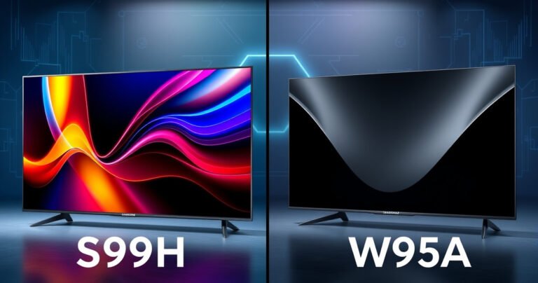 A split-screen comparison showcasing the sleek design of the Samsung S90H on one side, featuring vibrant colors and modern aesthetics, contrasted with the Panasonic W95A, highlighting its elegant curves and sophisticated finish, both set against a tech-inspired background with subtle digital elements, emphasizing innovation and cutting-edge technology in the world of televisions.