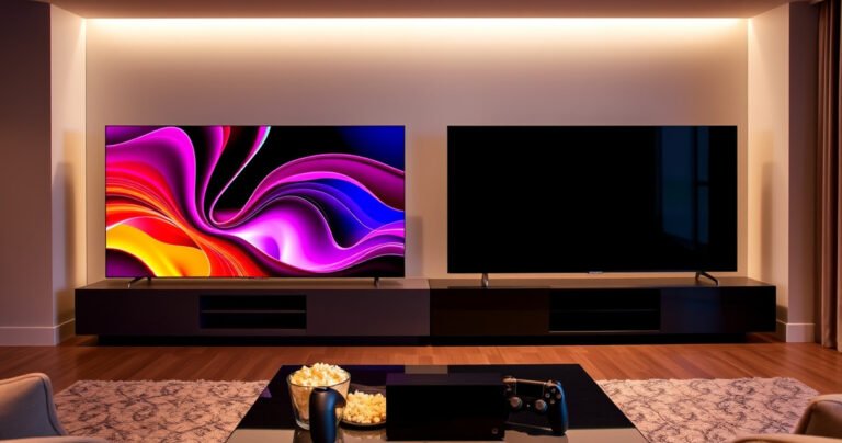 A sleek, modern living room showcasing two high-end TVs side by side: the Samsung S90H with vibrant colors and sharp contrast, and the Panasonic Z85B with rich, deep blacks. Soft ambient lighting enhances the sleek designs, while a stylish coffee table holds popcorn and a gaming console, inviting viewers to compare them in a cozy setting.