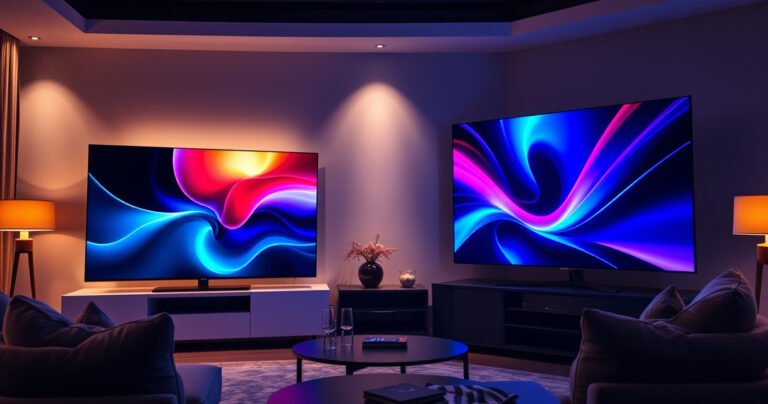 A sleek living room featuring two ultra-modern televisions side by side, the Samsung S90H showcasing vibrant colors and deep blacks, while the Panasonic Z90A displays stunning clarity with its unique design. Soft ambient lighting highlights rich textures in the room, with a cozy sofa and decorative elements, inviting viewers to explore the ultimate TV showdown.
