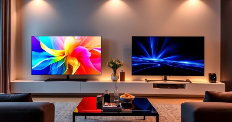 A sleek, modern living room showcasing two televisions side by side: the Samsung S90H, displaying vibrant colors and high contrast, and the Panasonic Z90B, with deep blacks and cinematic visuals. Soft ambient lighting casts a warm glow, while a stylish coffee table holds snacks and remotes, inviting viewers to immerse themselves in the ultimate home entertainment experience.