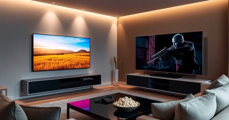 A sleek, modern living room featuring two stunning televisions: the Samsung S90H displaying vibrant colors of a nature scene on one side, and the Panasonic Z95A showcasing deep blacks of a cinematic movie on the other. Soft ambient lighting highlights the contrast, while a stylish coffee table with remotes and popcorn completes the inviting atmosphere.