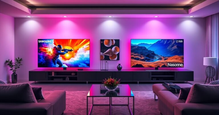 A sleek, modern living room showcasing both the Samsung S90H and Panasonic Z95B TVs side by side, vibrant colors radiating from their screens. One TV displays a dynamic action scene, while the other reveals a serene nature landscape, emphasizing their picture quality. Soft ambient lighting enhances the elegant furniture and decor, inviting viewers to compare.