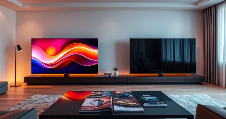 A sleek living room showcasing two stunning televisions side by side, the Samsung S90H glowing with vibrant colors on one side, contrasted by the deep blacks of the Samsung QN90D on the other. Warm ambient lighting highlights their modern designs, while a stylish coffee table with tech magazines sits in the foreground, inviting viewers to explore the differences.