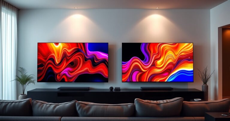 A sleek, modern living room showcasing two large, vibrant Samsung TVs side by side, with rich colors and dynamic contrast displayed on each screen. Soft ambient lighting highlights the minimalist decor, while a cozy sofa invites viewers to experience the ultimate home cinema setup, emphasizing cutting-edge technology and visual brilliance.