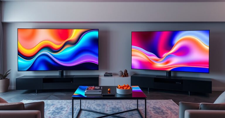 A sleek modern living room featuring a Samsung S90H and a Samsung S85F TV side by side, showcasing vibrant colors on their screens. Soft ambient lighting highlights the design differences, while a stylish coffee table holds a remote and snacks. A minimalist decor complements the tech, emphasizing the futuristic vibe of both television models.