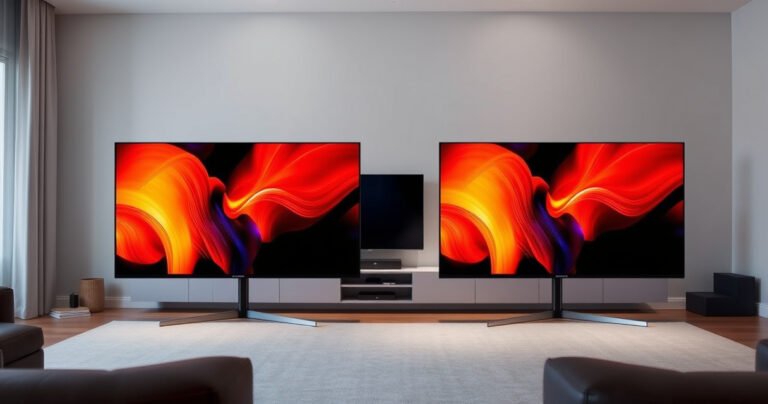 A sleek, modern living room showcasing two Samsung TVs side by side, the S90H on the left with vibrant colors and deep blacks, while the S85H on the right displays a brighter image. The ambient lighting highlights their slim profiles, with a stylish entertainment unit in the background and subtle tech gadgets scattered around.