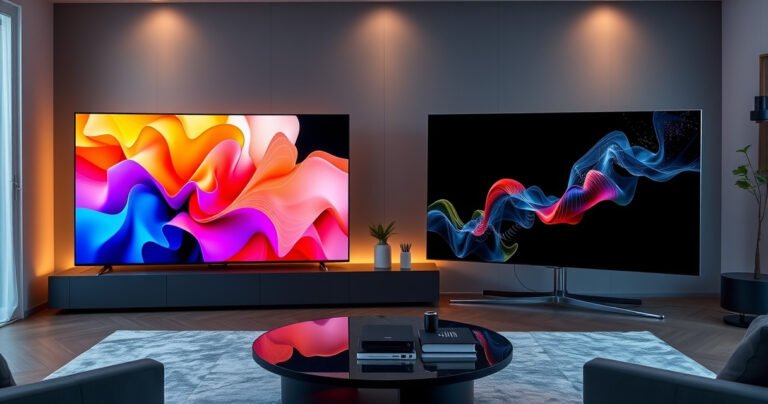 A sleek, modern living room showcasing two Samsung OLED TVs side by side, the S90H exuding vibrant colors and depth, while the S90F displays sharp contrast and detail. A stylish coffee table with tech gadgets and a soft, ambient light creates a cozy atmosphere, highlighting the cutting-edge design and features of both televisions.