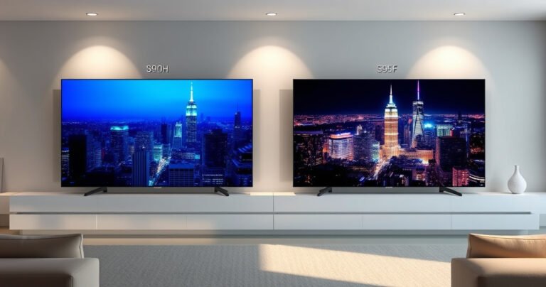 A sleek modern living room showcasing two Samsung TVs side by side, the S90H on the left radiating a cool blue hue and the S95F on the right glowing with vibrant colors, both displaying stunning high-definition images of a dynamic cityscape at night, with soft ambient lighting enhancing the contemporary decor and inviting atmosphere.