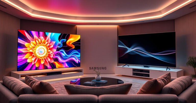 A futuristic living room showcasing two sleek, high-end TVs side by side: Samsung S90H radiating vibrant colors with dynamic visuals, and Sony A80L displaying deep blacks and lifelike contrast. Soft ambient lighting highlights a modern design, while a cozy sofa invites viewers to experience the ultimate home entertainment showdown.
