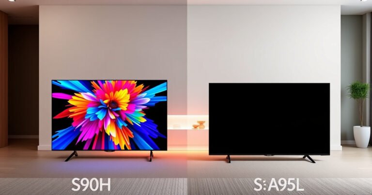 A dynamic split-screen comparison showcasing the sleek designs of the Samsung S90H and Sony A95L TVs. One side features vibrant colors bursting from the Samsung, while the other displays deep blacks and stunning contrast from the Sony. A subtle glow emanates from each, highlighting their distinctive features against a minimalist, modern living room backdrop.