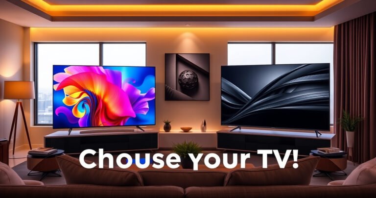 A sleek modern living room showcasing two stunning televisions side by side, the Samsung S90H displaying vibrant, colorful visuals on one side, while the Sony BRAVIA 7 features deep blacks and rich details. Warm ambient lighting enhances the luxurious setting, with a comfortable couch and stylish decor, inviting viewers to choose their ideal TV.