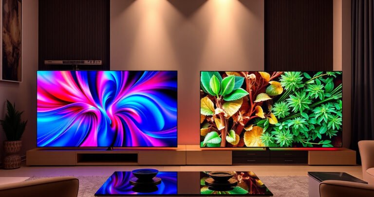 A vibrant living room showcasing two ultra-slim, state-of-the-art TVs side by side, displaying stunningly bright colors and sharp images. The Samsung S90H on the left, radiating rich blues and reds, while the Sony BRAVIA 8 II on the right glows with lush greens and deep blacks. Modern decor surrounds them, creating a tech-savvy atmosphere.