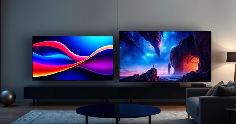 A split-screen design showcasing the sleek Samsung S90H on one side, vibrant and modern, with vivid colors emanating from its display, while the Sony BRAVIA 8 on the other side exudes elegance, featuring a stunning cinematic scene bursting with detail and contrast, all set against a minimalist living room backdrop emphasizing their luxurious appeal.