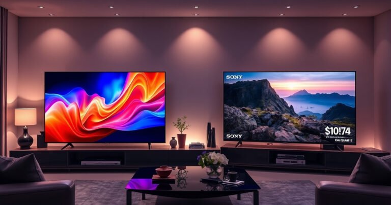 A dramatic living room scene showcasing two stunning TVs side by side: the sleek Samsung S90H with vibrant colors illuminating the screen, and the elegant Sony BRAVIA 9 II displaying a cinematic landscape. Surrounding them are stylish decor and soft ambient lighting, creating a modern, tech-savvy atmosphere that highlights the ultimate showdown in home entertainment.