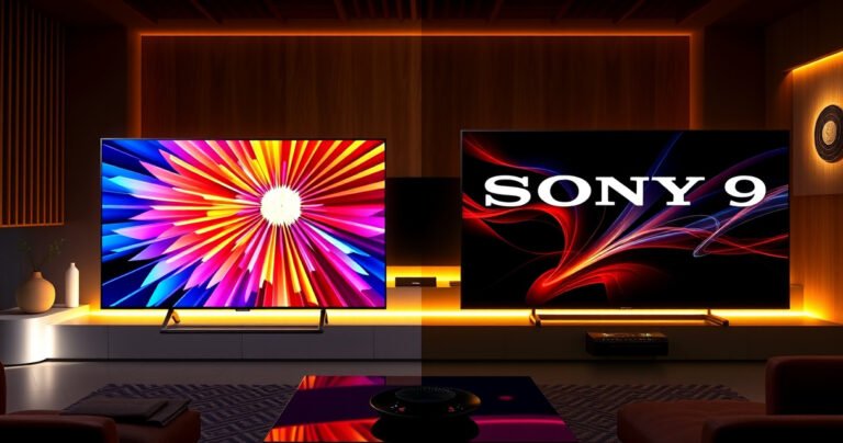 A split-screen image showcasing the Samsung S90H on one side, radiating vibrant colors and sleek design, while the Sony BRAVIA 9 on the other side displays rich detail and deep blacks. The background features a dynamic living room setup with glowing screens, contrasting visuals, and a hint of technology-infused ambiance, capturing the essence of modern home entertainment.