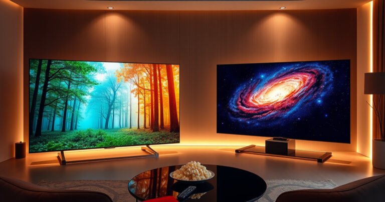 A sleek, modern living room showcasing two large, vibrant TVs side by side, the Samsung S90H and Sony X90L, displaying stunning, high-contrast scenes of a lush forest and a cosmic galaxy. Soft, ambient lighting casts a warm glow, highlighting the elegant design of both televisions, while a stylish coffee table holds a remote and popcorn, inviting viewers to compare.