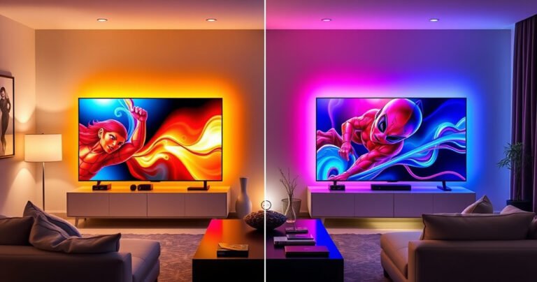 A sleek living room showcasing both the Samsung S90H and Sony X95L televisions side by side, vibrant colors illuminating the screens with stunning visuals, modern furniture surrounding them, a cozy atmosphere with soft lighting, and a subtle hint of tech gadgets in the background, inviting viewers to dive into comparing features and performance.