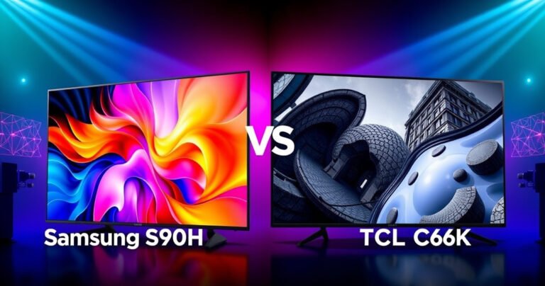A split-screen comparison: on one side, the sleek, modern Samsung S90H with a vibrant display showcasing vivid colors, and on the other, the stylish TCL C6K with its dynamic contrast and detailed imagery. Background elements symbolize technology and innovation, emphasizing the competition, with subtle hints of consumer choice and satisfaction.