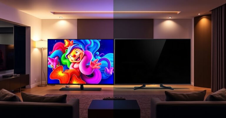 A split-screen image showcasing a sleek Samsung S90H TV displaying vibrant, colorful visuals on one side, contrasted with the TCL C755 radiating deep blacks and rich colors on the other. In the background, a modern living room setting with plush furniture and ambient lighting, emphasizing the immersive viewing experience each TV offers.
