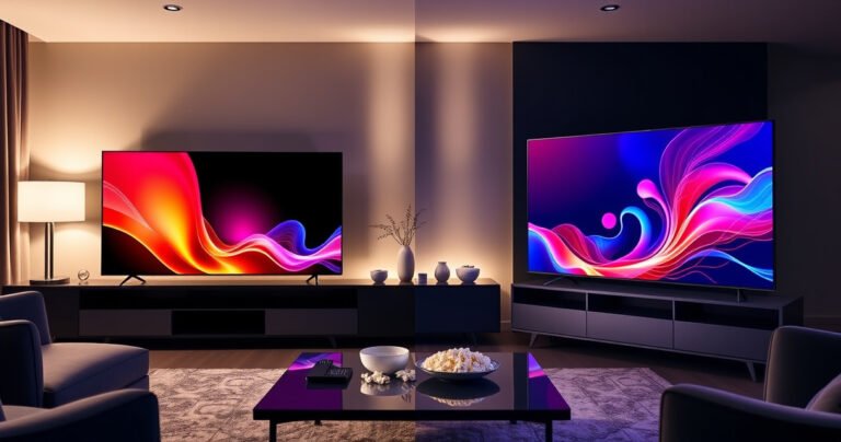 A sleek living room showcasing two televisions side by side: Samsung S90H with vibrant colors and deep blacks on one side, and TCL Q10M Ultra with vivid hues and a modern design on the other. Soft ambient lighting casts a warm glow, while a stylish coffee table holds a remote and popcorn, inviting viewers to compare.