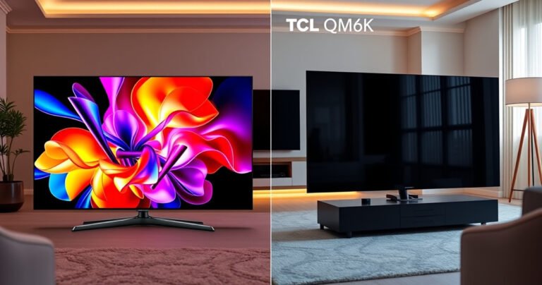 A split-screen comparison of two sleek, modern TVs: the Samsung S90H on the left with vibrant colors and a stunning image, and the TCL QM6K on the right with its unique design and rich contrast. In the background, a cozy living room setting with soft lighting and a stylish entertainment center to enhance the ambiance.