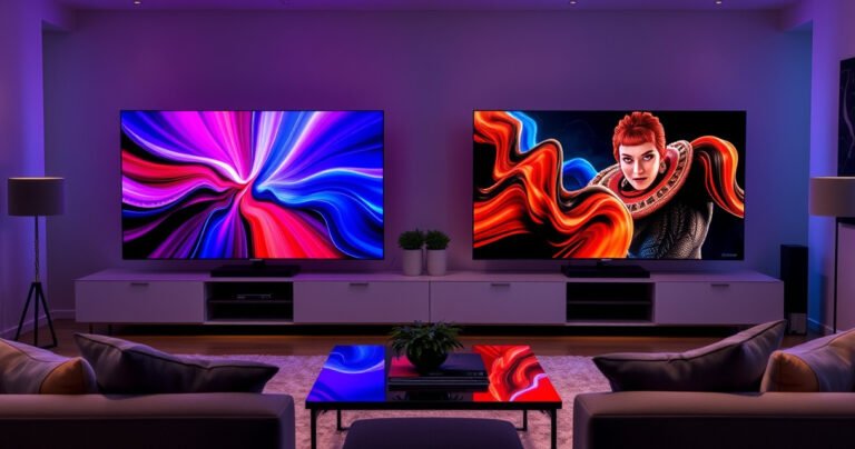 A sleek living room showcasing two stunning televisions side by side, the Samsung S90H radiating vibrant colors and deep contrasts, while the TCL QM7K displays sharp, dynamic imagery. Soft ambient lighting enhances the modern decor, with a cozy sofa and a stylish coffee table, inviting viewers to engage in the ultimate home entertainment showdown.