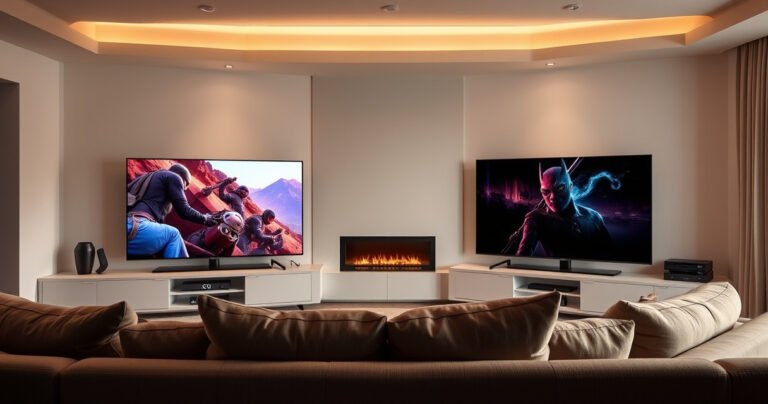 A sleek modern living room featuring two stunning televisions: the Samsung S90H displaying vibrant colors and sharp details on one side, and the TCL QM8 showcasing deep blacks and rich contrast on the other. Soft ambient lighting highlights the sleek designs, while a cozy sofa invites viewers to experience the ultimate cinematic showdown.