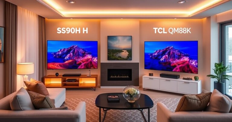 A sleek living room showcasing the Samsung S90H and TCL QM8K side by side, both displaying vibrant, high-definition images. Warm ambient lighting highlights their modern designs. A cozy couch and stylish decor set the scene, while a subtle contrast in screen colors emphasizes the competition. An inviting atmosphere invites viewers to ponder which TV reigns supreme.