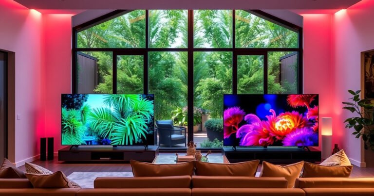 A sleek modern living room showcasing both the Samsung S90H and TCL QM8L televisions side by side, vibrant colors illuminating the space. Lush greenery outside a large window reflects on the screens, highlighting their display quality. A cozy sofa with stylish decor invites viewers to engage, emphasizing the contrast between the two cutting-edge designs.