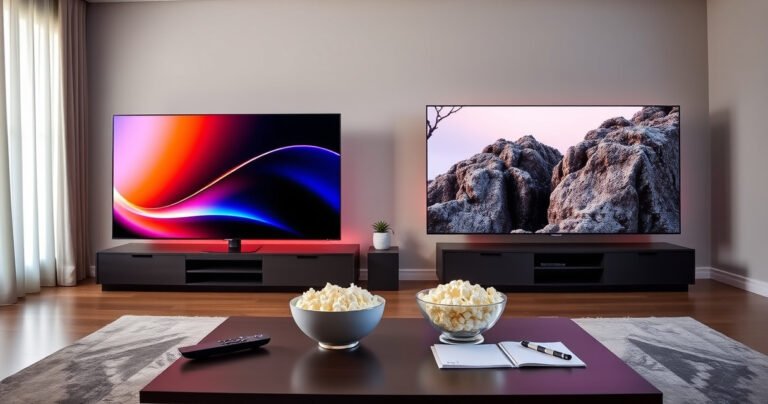 A sleek, modern living room showcasing two stunning televisions side by side: the Samsung S90H with vibrant colors and a minimalist design, and the TCL X11L displaying rich detail against a cozy backdrop. Soft ambient lighting highlights their features, while a stylish coffee table holds a remote, popcorn bowl, and a notepad for notes.