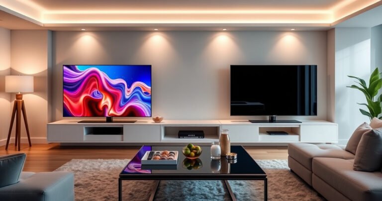 A sleek, modern living room showcasing two high-end TVs side by side: the Samsung S99H with vibrant colors and sharp details, and the Hisense U7Q displaying stunning contrast and deep blacks. Soft ambient lighting highlights their features, while a stylish coffee table holds remotes and snacks, inviting viewers to experience the ultimate home entertainment showdown.