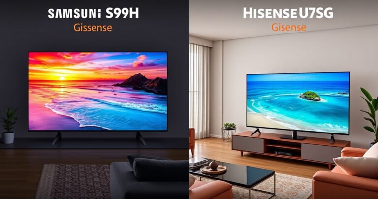 A split-screen comparison showcasing the sleek designs of the Samsung S99H and Hisense U7SG TVs, each displaying vibrant, high-definition images of a breathtaking sunset over a serene beach. One side highlights the Samsung's modern aesthetics, while the other emphasizes the Hisense's elegant features, surrounded by a tech-savvy living room setting.