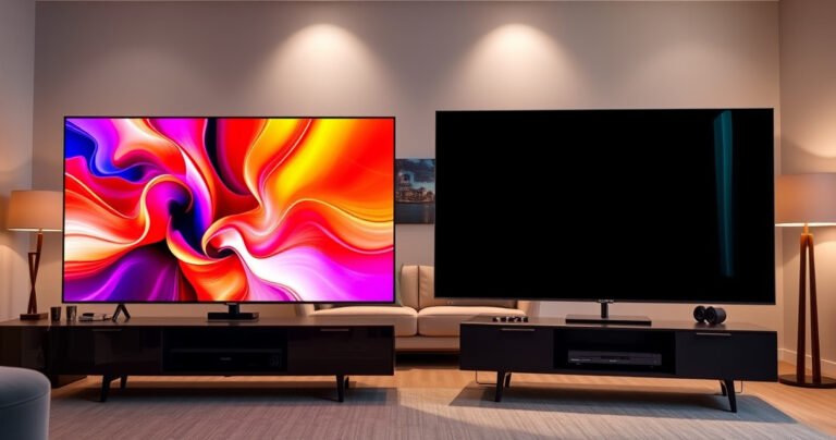 A sleek, modern living room showcasing two stunning televisions side by side: the Samsung S99H with vibrant colors and a sharp display on the left, the Hisense U8K with deep blacks and vivid contrast on the right. Soft ambient lighting enhances the scene, with a cozy couch and stylish decor in the background.