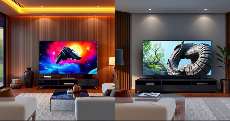 A split-screen image showcasing two stunning living rooms: on one side, a sleek Samsung S99H displaying vibrant colors from a sci-fi movie, and on the other, a Hisense U8QG showcasing a nature documentary with rich detail, both surrounded by modern decor, emphasizing the contrast in design and picture quality.