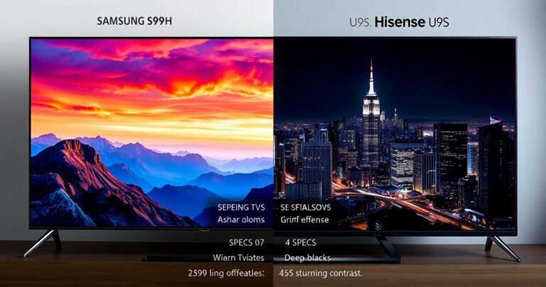 A split-screen comparison of two TVs: on one side, the sleek Samsung S99H with vibrant colors and sharp details displaying a dynamic landscape; on the other, the Hisense U9S showcasing deep blacks and stunning contrast in a night cityscape. Include a subtle digital overlay of specs and features, emphasizing innovation and choice.