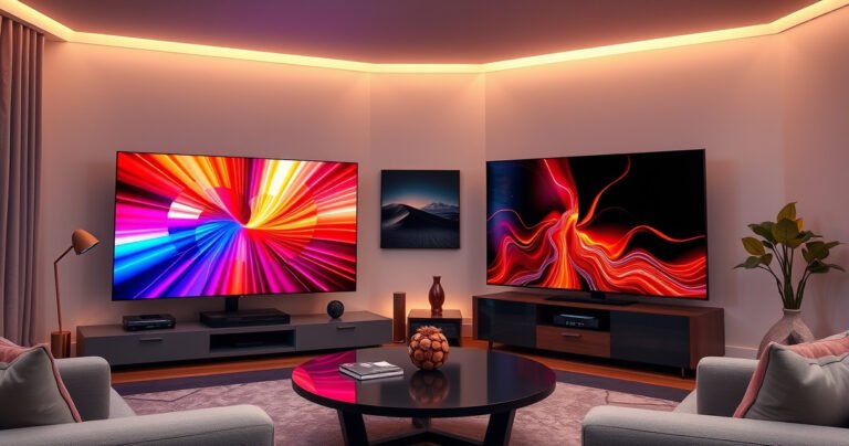 A sleek, modern living room showcasing two high-end televisions side by side, the Samsung S99H radiating vibrant colors and sharp contrast, while the Hisense UX exhibits stunning clarity and innovation. Warm ambient lighting highlights the sleek designs, with an inviting sofa and a stylish coffee table, creating a cozy atmosphere for tech enthusiasts.