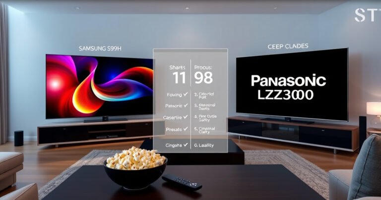 A sleek, modern living room showcasing two high-end televisions, the Samsung S99H on one side with vibrant colors and sharp details, and the Panasonic LZ2000 on the other, displaying deep blacks and cinematic clarity. A subtle comparison infographic overlays the scene, highlighting key features, with a stylish remote and popcorn bowl in the foreground.