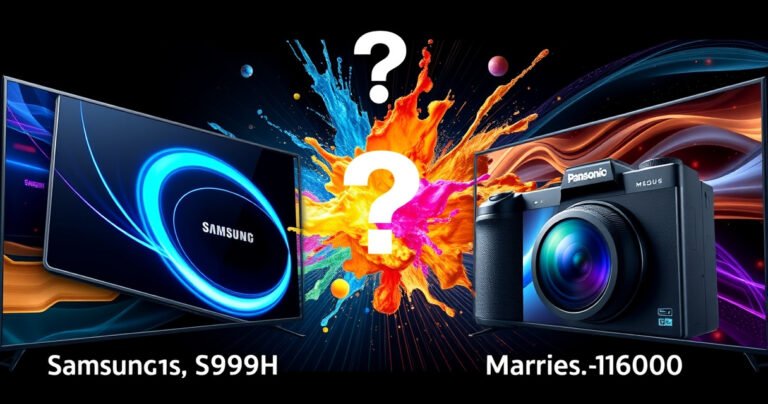 A dynamic split-screen showdown featuring the sleek Samsung S99H on one side, glowing with futuristic blue accents, contrasted against the elegant Panasonic MZ1500, radiating rich earth tones. Background filled with swirling digital graphics and vibrant color splashes, representing cutting-edge technology and innovation, while a subtle question mark hovers above, inviting viewers to ponder their choice.