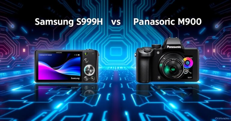 A sleek, modern comparison scene featuring the Samsung S99H and Panasonic MZ2000, elegantly displayed side-by-side. The background showcases a high-tech, futuristic environment with glowing circuit patterns, emphasizing innovation. Each device is highlighted with vibrant colors, showcasing their unique design features and interfaces, while subtle text bubbles outline key differences, creating an engaging and informative visual narrative.