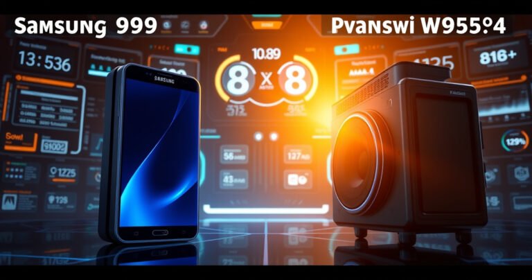 A dynamic tech showdown scene featuring the sleek Samsung S99H on one side, illuminated by a cool blue glow, and the robust Panasonic W95A on the other, bathed in warm golden light. Background filled with futuristic digital interfaces and product specs, conveying a sense of innovation and competition.